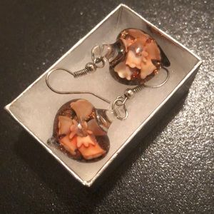 Lamp work glass pink flower heart bead earrings